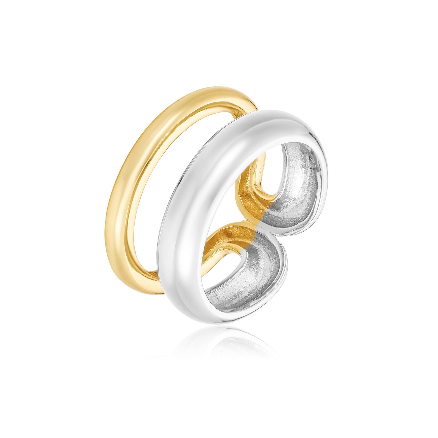 Gold and silver ring with intertwined bands, featuring a smooth and polished finish