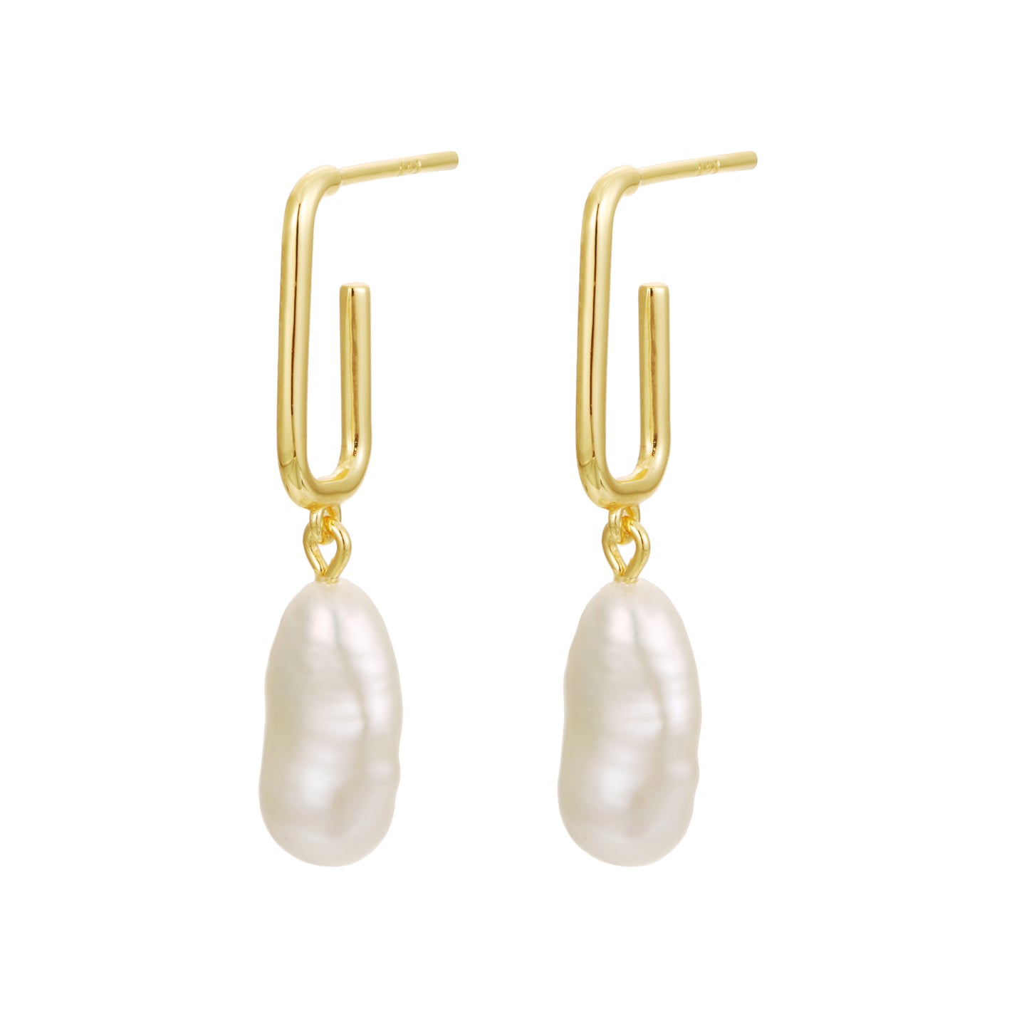 Delicate gold vermeil stud earrings with a modern rectangular design and dangling freshwater pearls