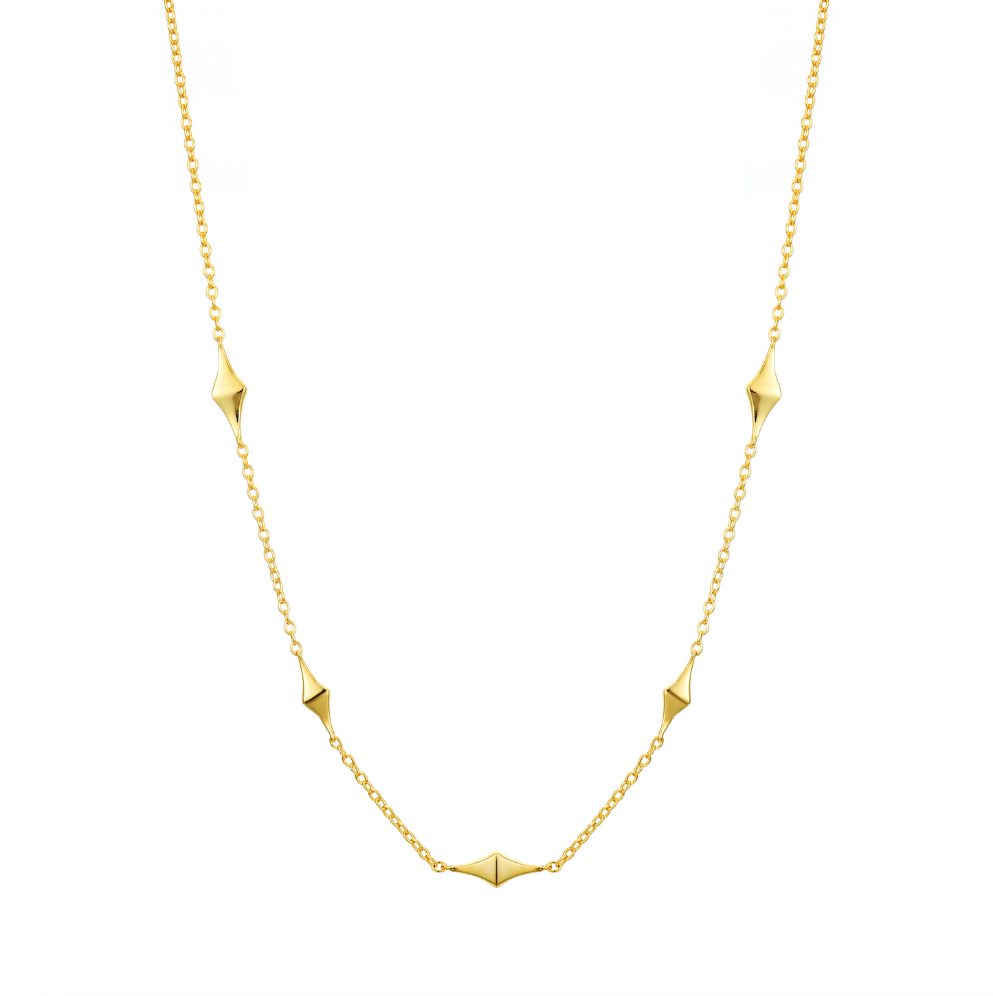 Elegant gold vermeil necklace with geometric kite-shaped charms evenly spaced along a delicate chain