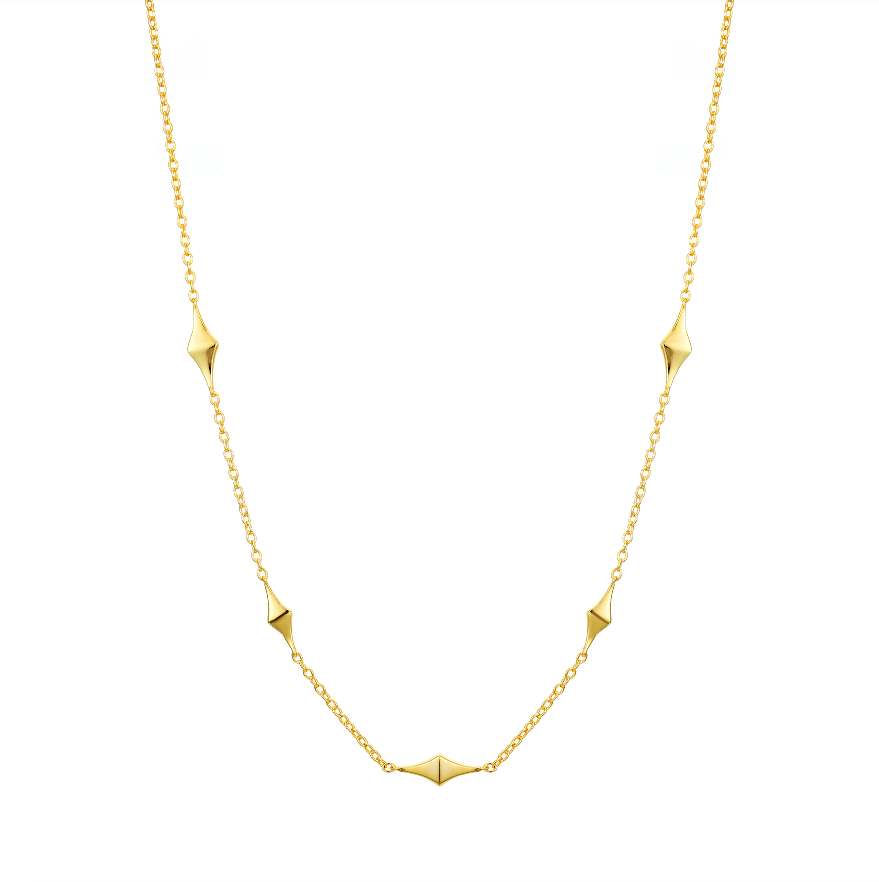 Elegant gold vermeil necklace with geometric kite-shaped charms evenly spaced along a delicate chain