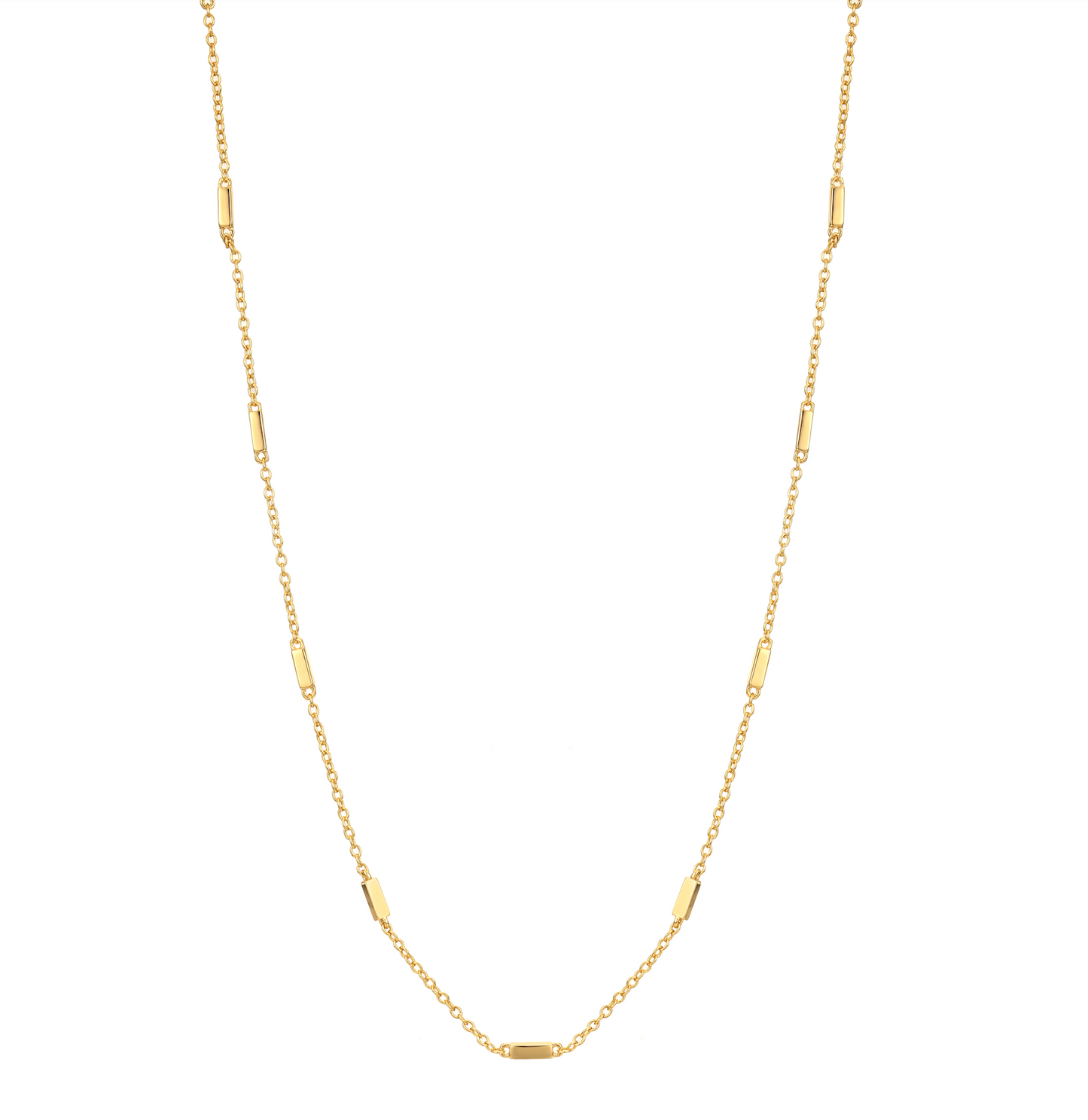 Minimalist gold vermeil necklace with evenly spaced rectangular bar charms