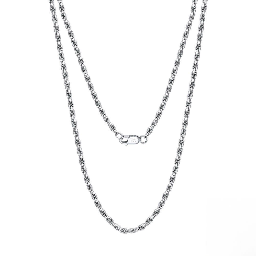 Sterling silver rope chain necklace with intricate twist design and secure lobster clasp, stamped with '925' hallmark